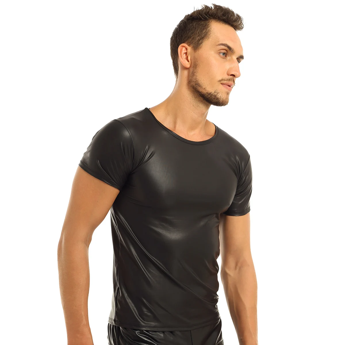 Men\'s Leather T-Shirts Elastic Fashion PU Leather Tees Camisa