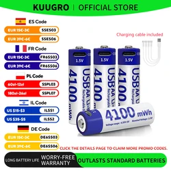 Kuugro Highest Capacity 1.5V 4100mWh AA Rechargeable Battery USB Type-C aa Li-ion Battery for Remote Control Smart Door Lock Toy
