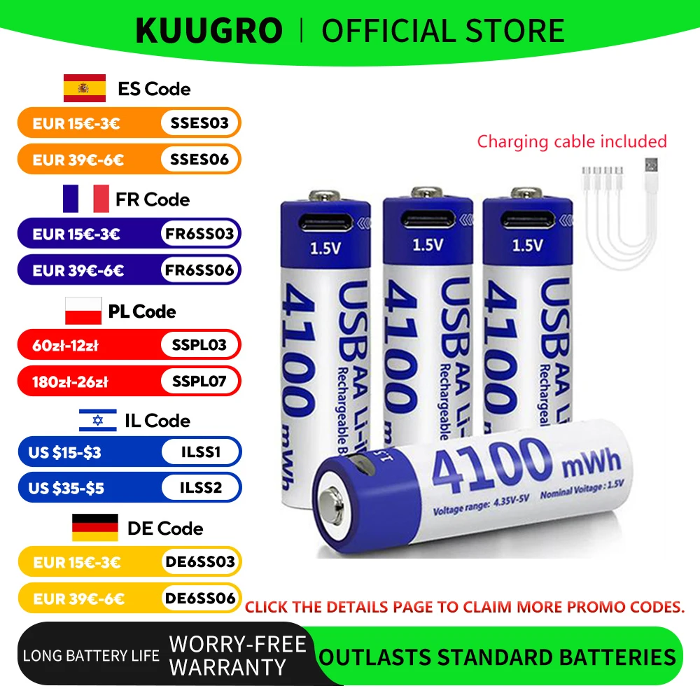 Akumulator AA Kuugro o najwyższej pojemności 1.5V 4100mWh, ładowany przez USB Type-C, akumulator litowo-jonowy do pilota, inteligentnego zamka do drzwi, zabawek.