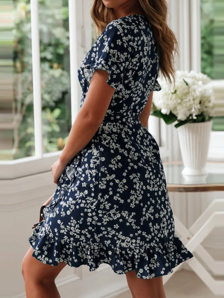 Boho Floral Print Ruffles Women Dress Summer Sexy V Neck Short Sleeve A Line Chiffon Mini Dresses Beach Vacation Sundress