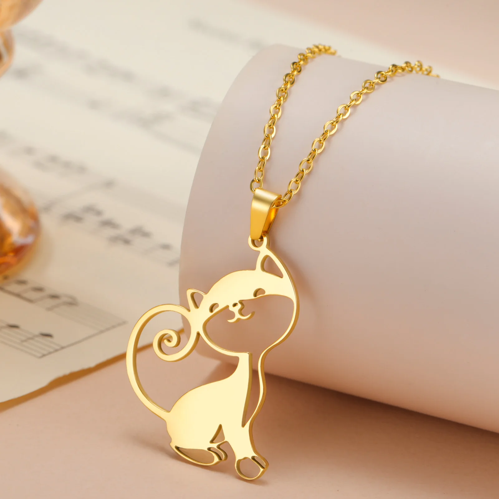 Lemegeton Lovely Cat Necklace Stainless Steel Jewelry Kitten Pet Animal Pendant Women Choker Trend New Year Valentine's Day Gift