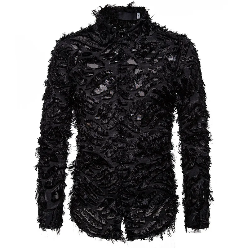 

Sexy Black Shirt Men Fashion Feather Long Sleeve Mens Dress Shirts Nightclub Party Prom Social Shirt Male Camisa Hombre