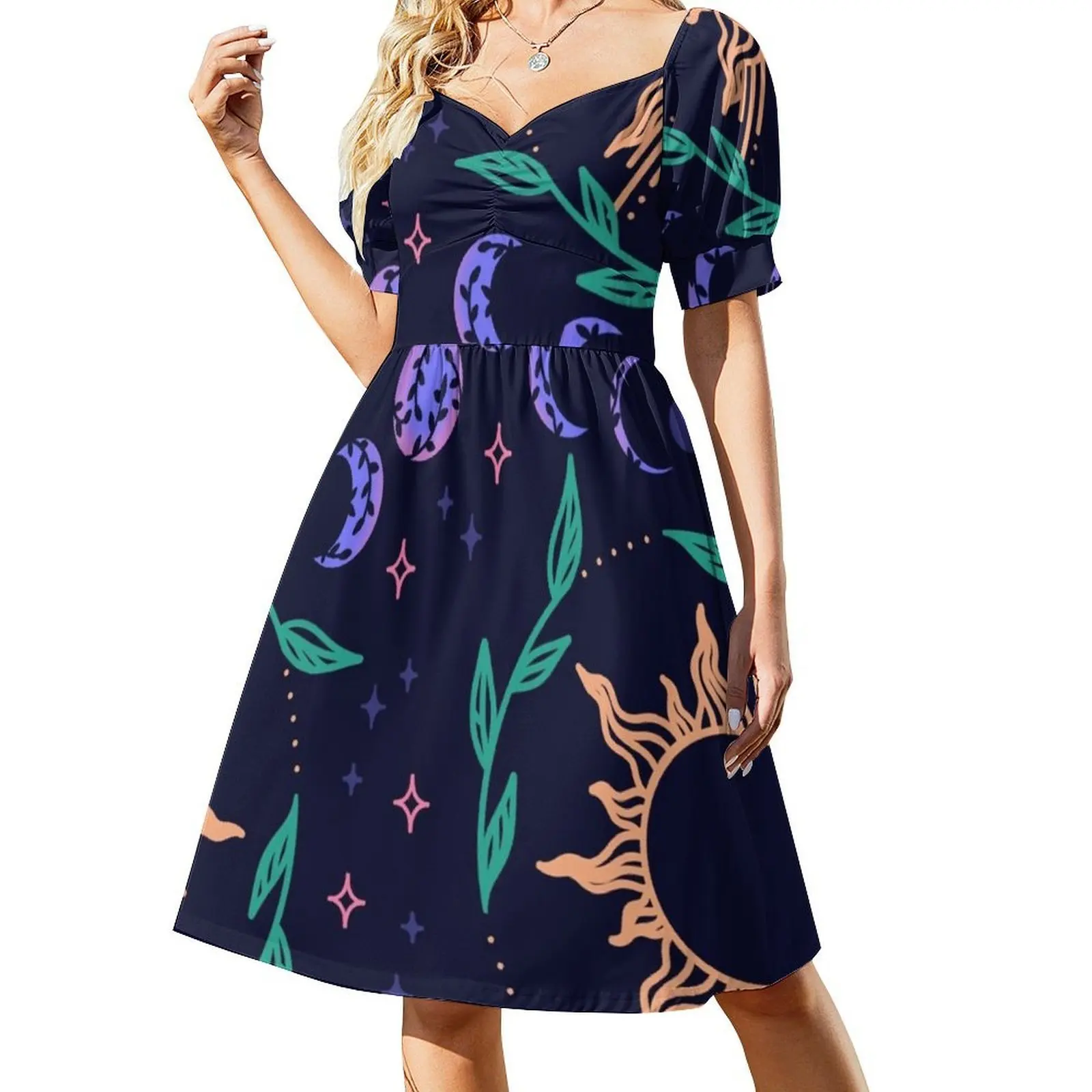 مراحل القمر سلسة نجوم الشمس وأوراق الشجر نمط المرأة الشارع الشهير فستان الحفلات العصرية طباعة نادي الملابس للإناث سلس