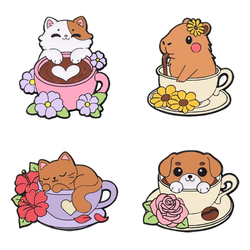 Cartoon barista animal series badges, cute cat otter and dog-shaped alloy pins, accessories for clothing bags, gifts for friends