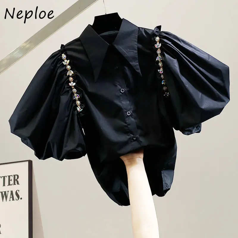 Neploe Heavy Beaded Diamond Sweet Lapel Blouses Big Puff Sleeved Single Breasted Short Shirt Fashion Trendy Temperament Blusas