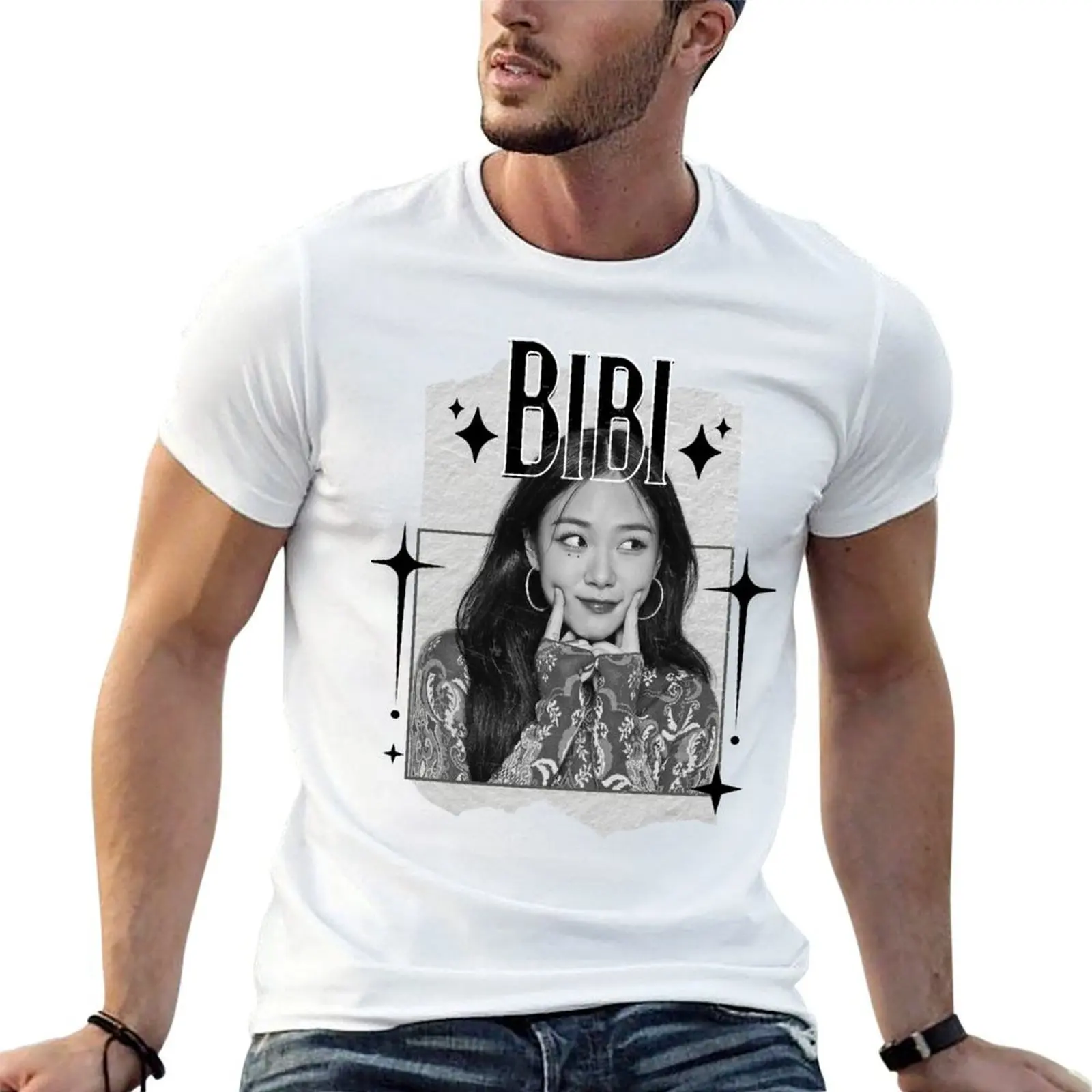 Camiseta masculina com design de arte em colagem monocromática em preto e branco da cantora solista bibi kpop, camiseta masculina de verão