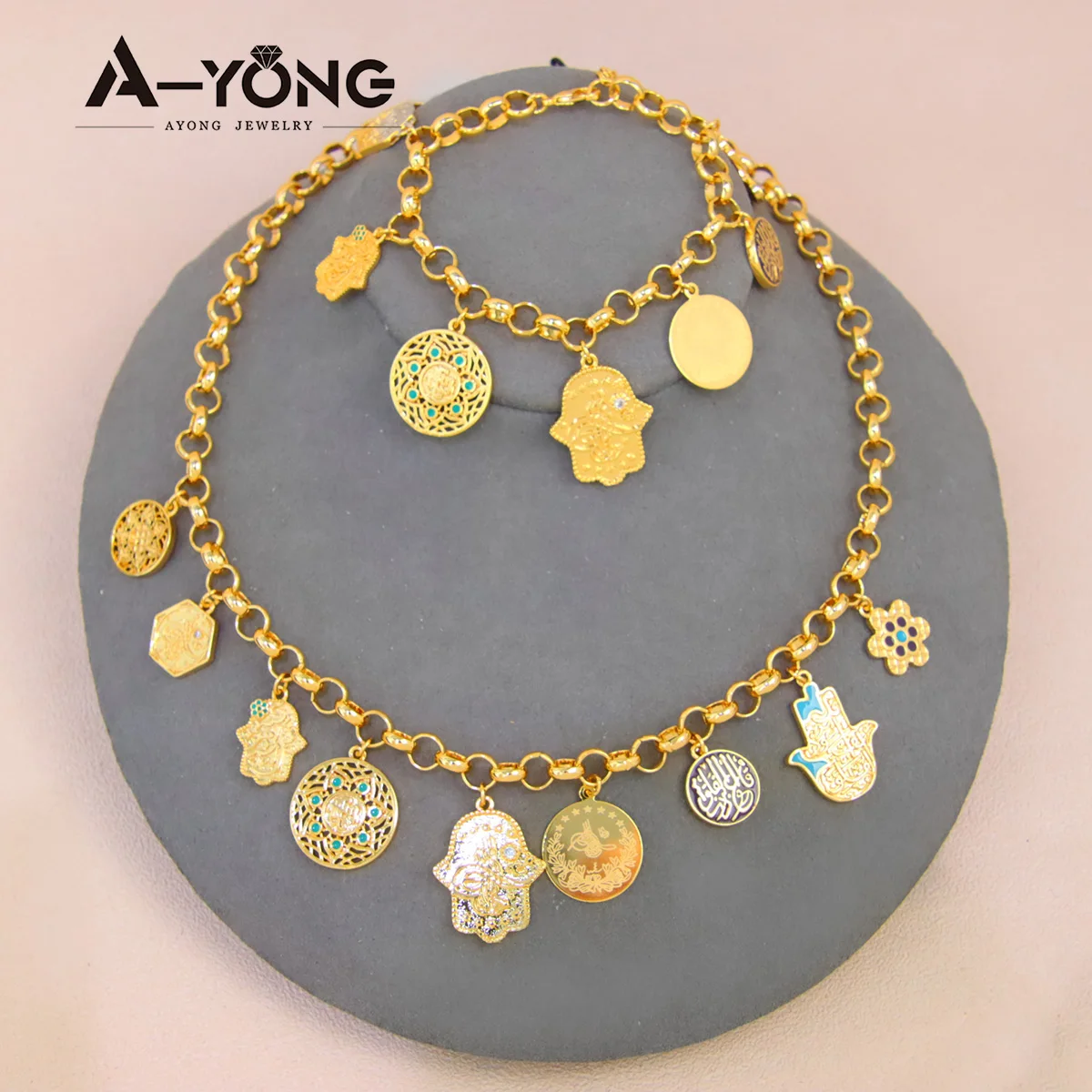 

AYONG Arab Gold Color Necklace Set 21k Gold Plated Dubai Turkish Punk Personality Pendant Bracelet Womens Mens Vintage Jewelrys