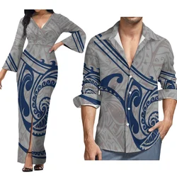 Women'S V-Neck Slit Dress High-Waisted Maxi Dress With Men'S Long-Sleeved Shirt Polynesian Couple Outfit
