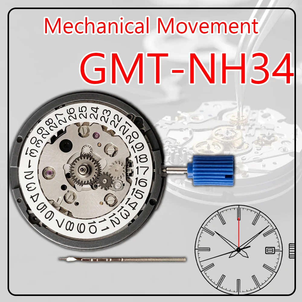 Genuine NH34 GMT Automatic Movement 4 Hands 24 Hour Second Time Zone Date Hacking High Accuracy Premium Watch Accessories