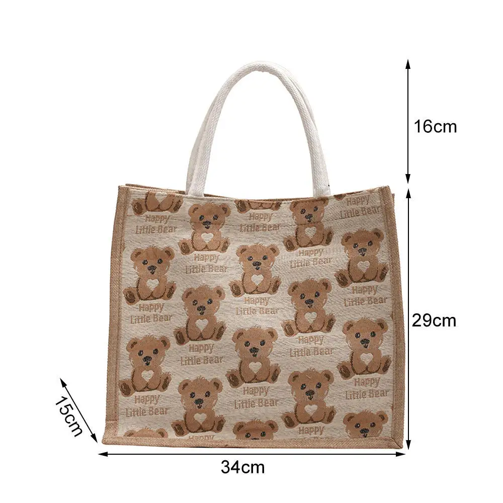 Cute Bear Pattern Cotton Linen Tote Bag Portable Canvas Shopping Bag Large-capacity Women Eco Handbag Travel Shoulder Bag