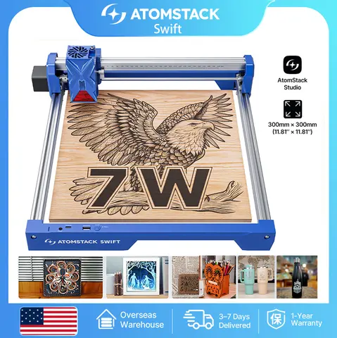 Machine de gravure laser ATOMSTACK Swift 7W 12W, découpeuse laser portable de bureau pour bois, cuir, acrylique, bambou, artisanat DIY, haute précision, compatible LightBurn, atelier à domicile, studio créatif, fabrication de cadeaux personnalisés, lumière bleue