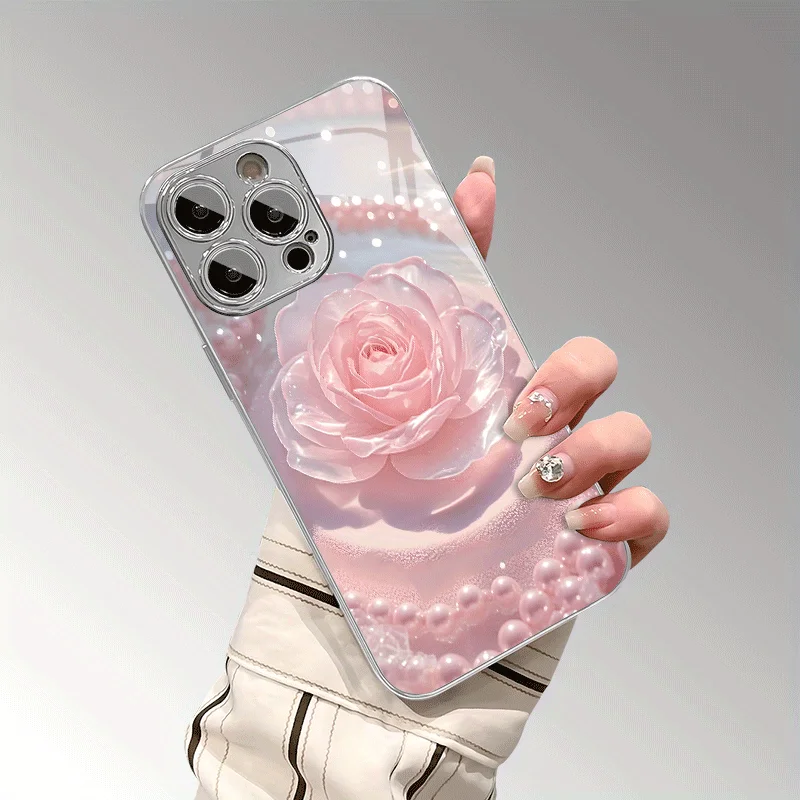 Fresh Pink Rose Pattern Electroplated Glass Phone Case, suitable for Samsung S26 Ultra/S25/S24/S23/S22/S21/S20 and other models.