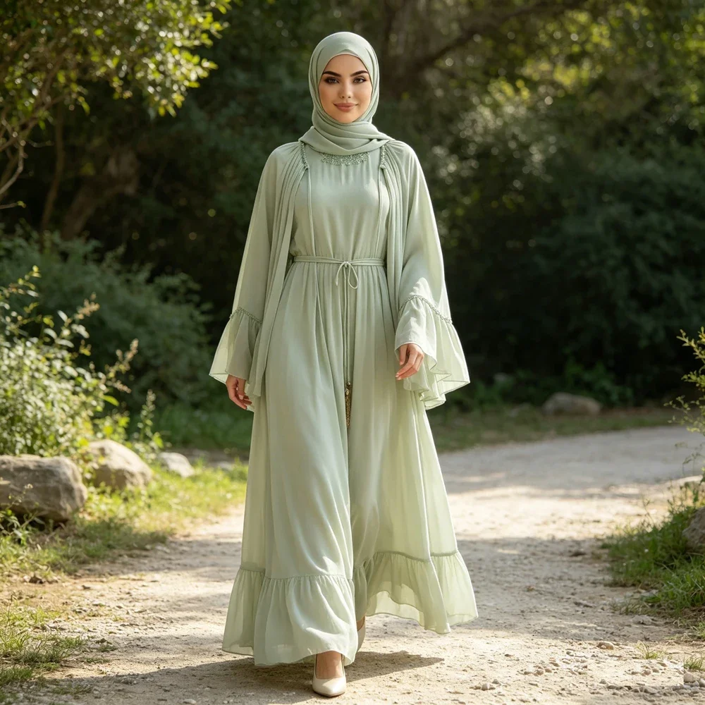

Women Eid Fashion Dress Ruffles Crepe Abaya Dubai Muslim Kaftan Turkey Kimono Cloak Shawl Long Maxi Robe Elegant Islamic Clothes