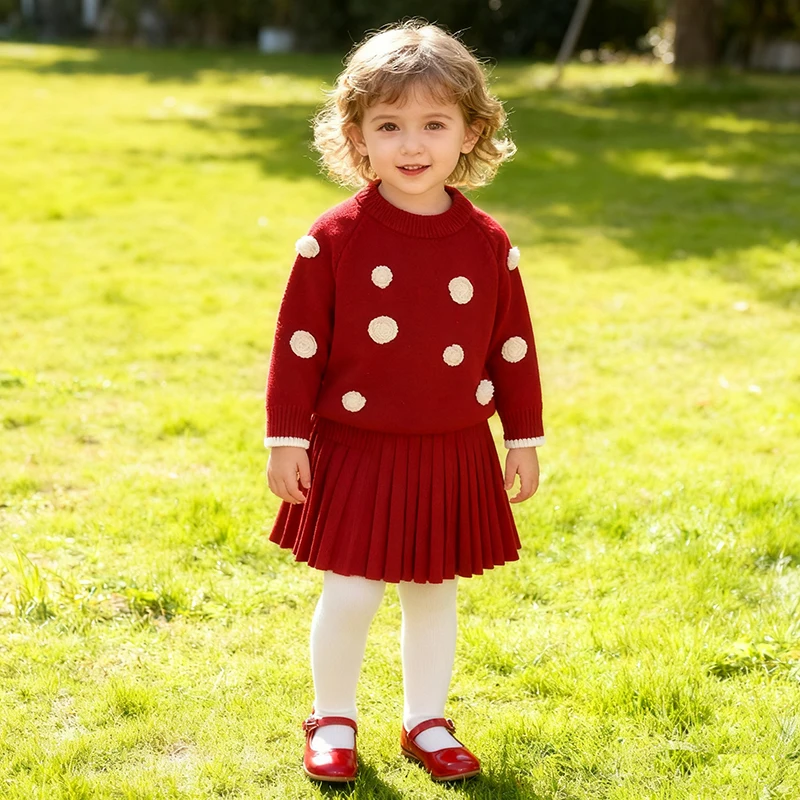 2026 Spring Baby Girl Knitted Clothes Suit Long Sleeved Knitted Pullover Sweater+Short Skirt 2-6Yrs Kids Knitted Clothes Set