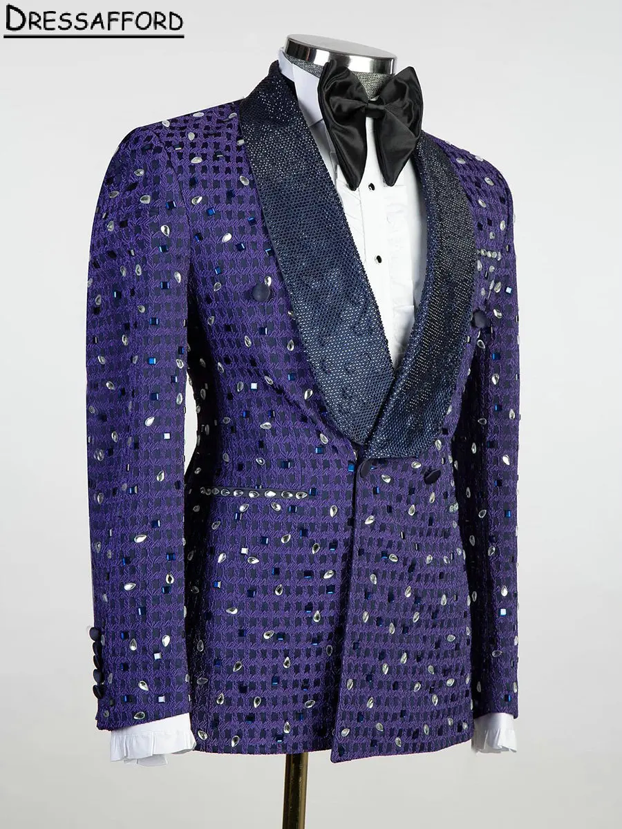 Purple Checkered Evening Party Men Suits Crystal Beading Two Pieces Blazer Groom Wear ( Jacket + Pants )