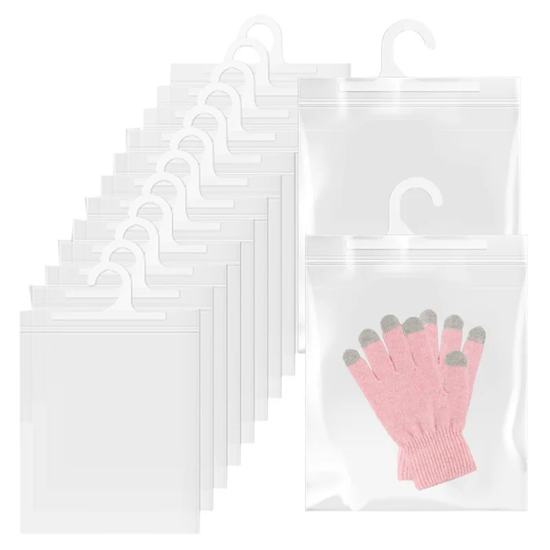 10pcs Three Sizes Hanging Storage Bags Clear Plastic Bags with Hooks Transparent Hanging Storage Bags