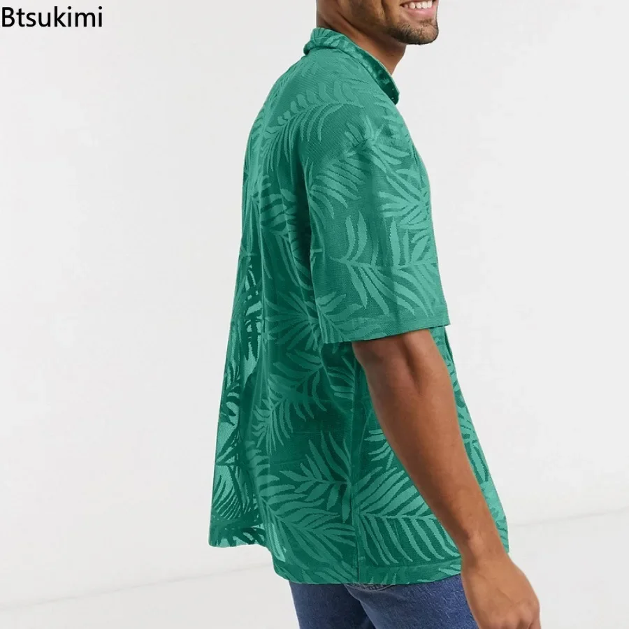 2025 moda nueva camisa informal holgada con estampado de hojas para hombre, cárdigan de manga corta con botones, Tops, ropa de calle de tendencia para hombre