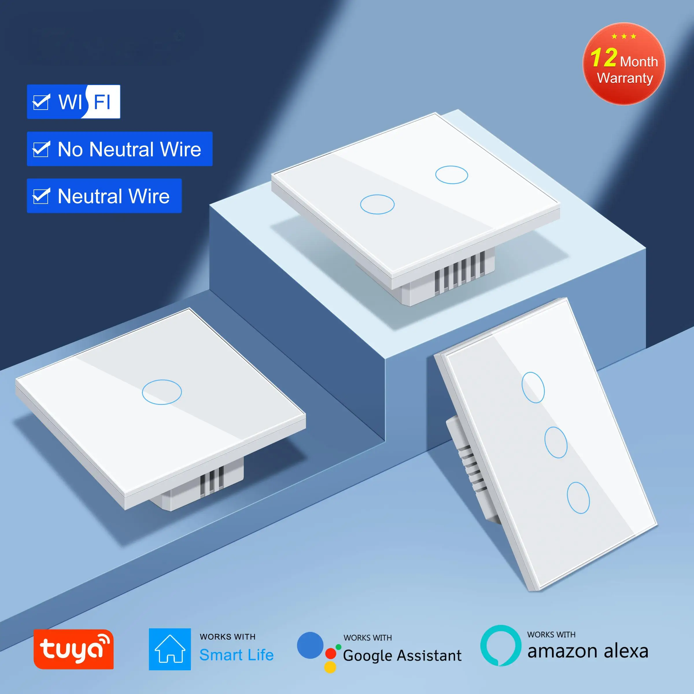 

Tuya Smart WiFi Light Switch EU US Type, Wall Touch Switch 1 2 3 Gang Works with Alexa Hey Google, Neutral Wire Optional