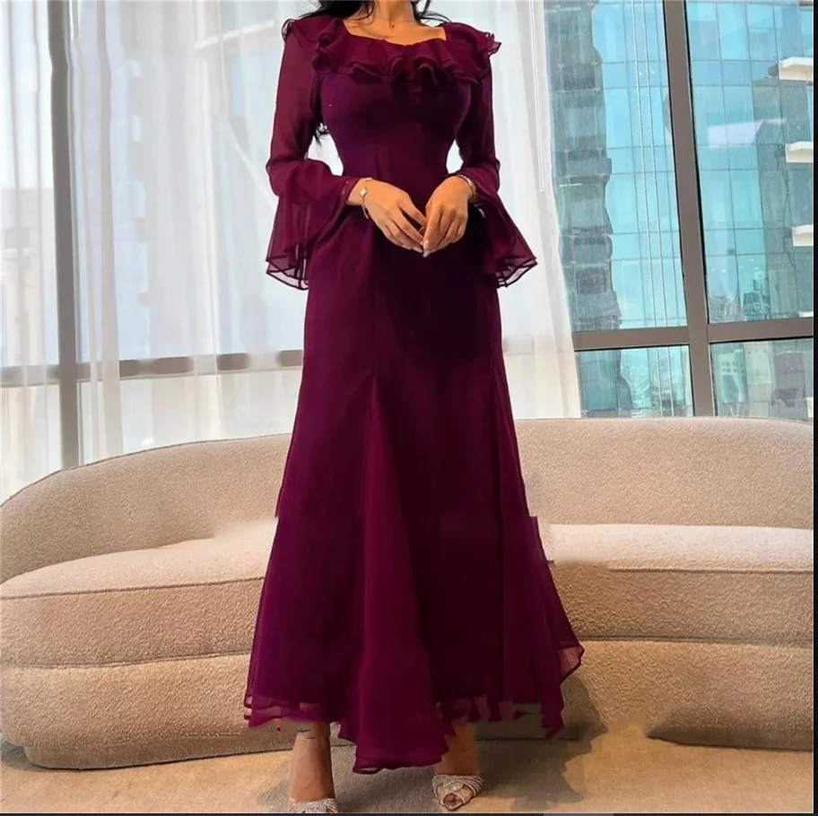 Palace Style High-end Banquet Dresses Square Neck Slim Backless Flared Sleeve Elegant Ankle-Length Gowns  for Party Pageant Prom