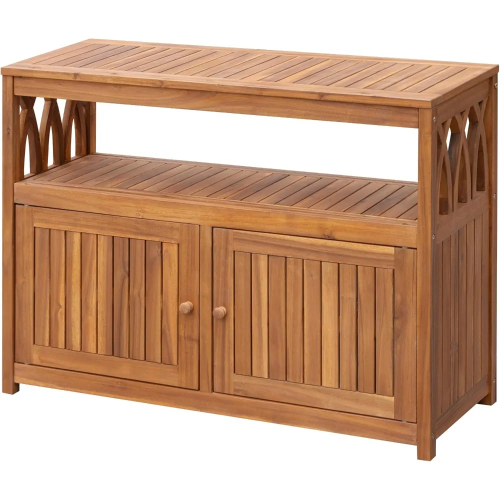 

Two-Tier Acacia Wood Outdoor Storage Cabinet with Magnetic Doors for Garden, Picnic, Buffet, TV Stand, or Bar Table Use