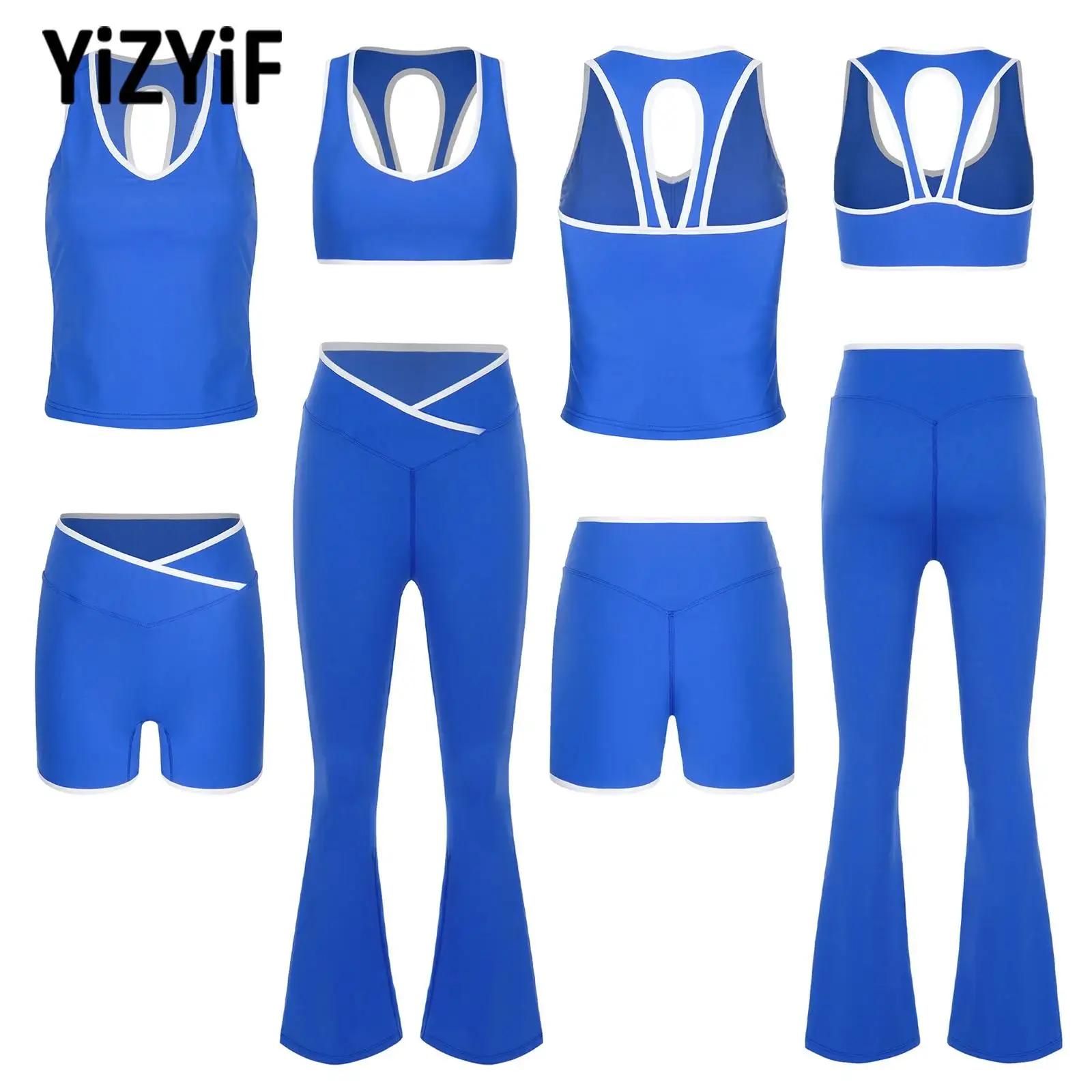 

Quick-drying Yoga Gym Outfit Womens 4Pcs Breathable Sports Set Sleeveless Tank Top+Crop Top+Shorts+Pants Set for Running Fitness
