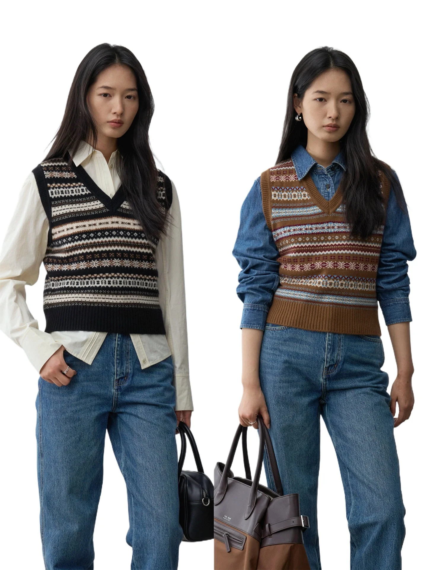 English vintage Fair Island style Conseni au pure cashmere layered V-neck jacquard vest vest for women