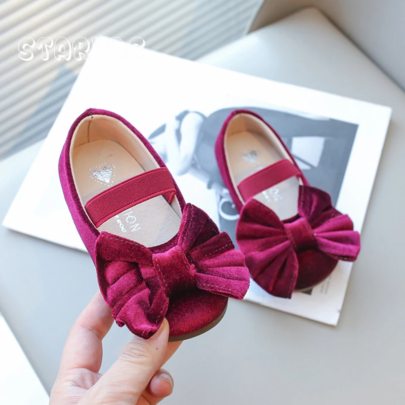 Cute Big Bowknot Velvet Ballet Flats Girls Fashion Red Mary Jane Shoes Baby Child Soft Sole Wedding Party Velour Dress Zapatos