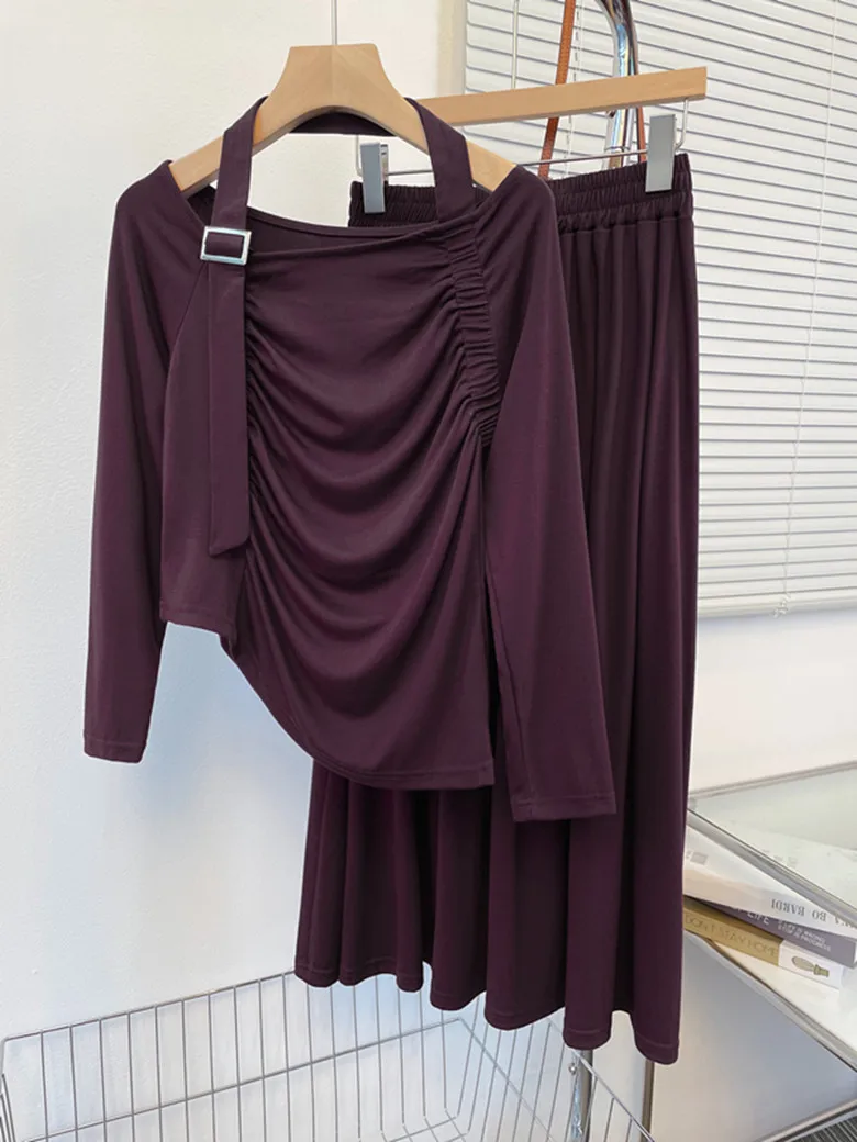 

Two Peice Set For Women Casual Solid Color Sexy T Shirt& Skirt Set Fashion purple Office Women Set Elegance Skinny Ropa Femenina