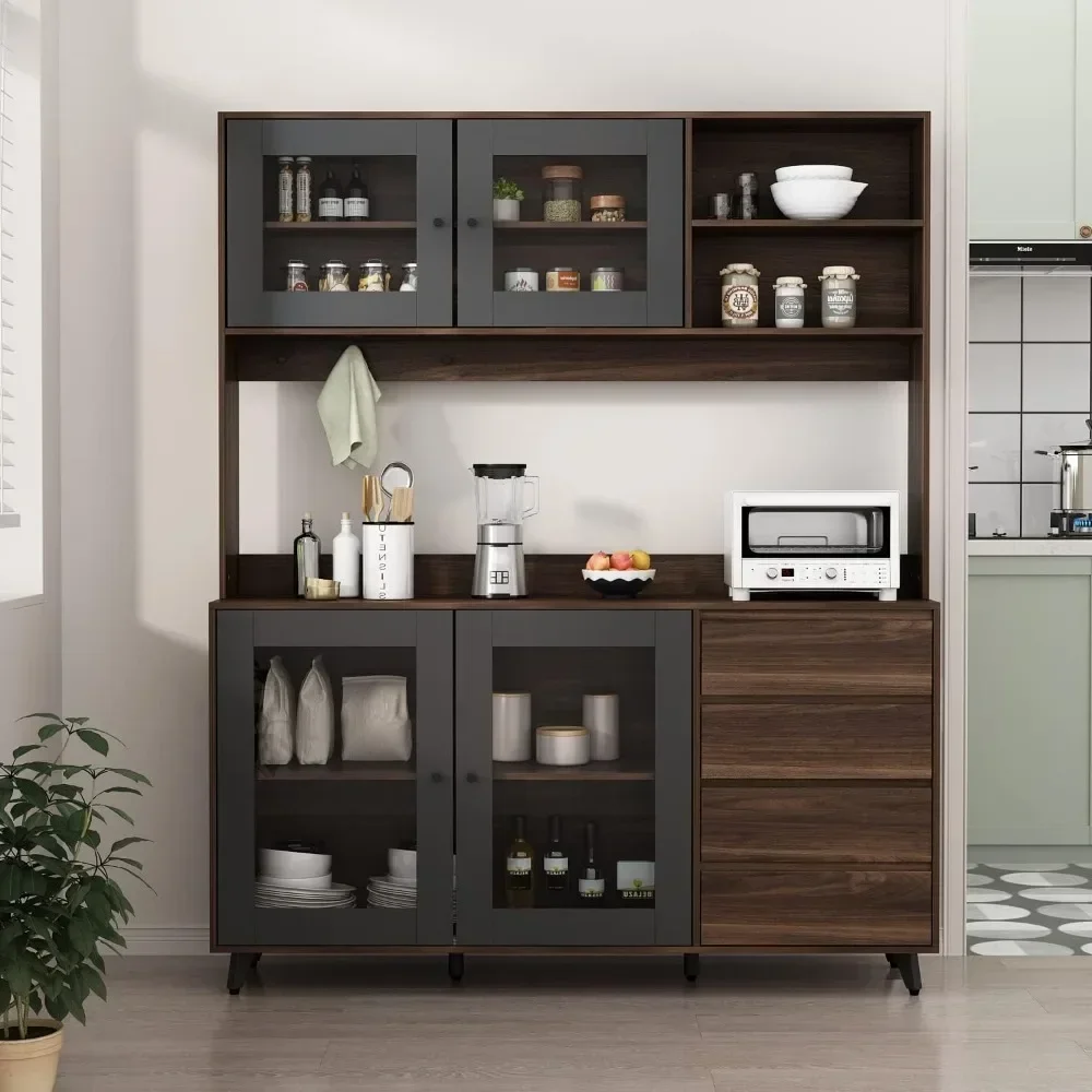 Kitchen Pantry Cabinet 4 Glass Doors and Drawers Kitchen Cabinet Microwave Stand Pantry Furniture Shelves & 3 Hooks