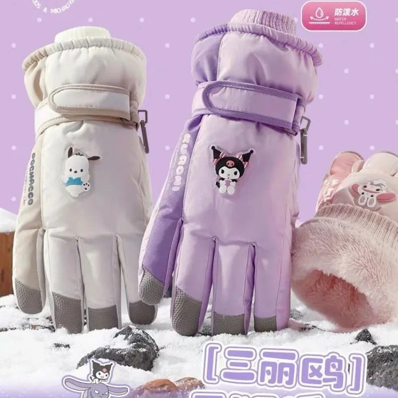 Kawaii Sanrio Black Beauty My Melody Pacha Dog Animation Children's Ski Gloves Girly Heart Sweet Warm Gloves Waterproof Gift