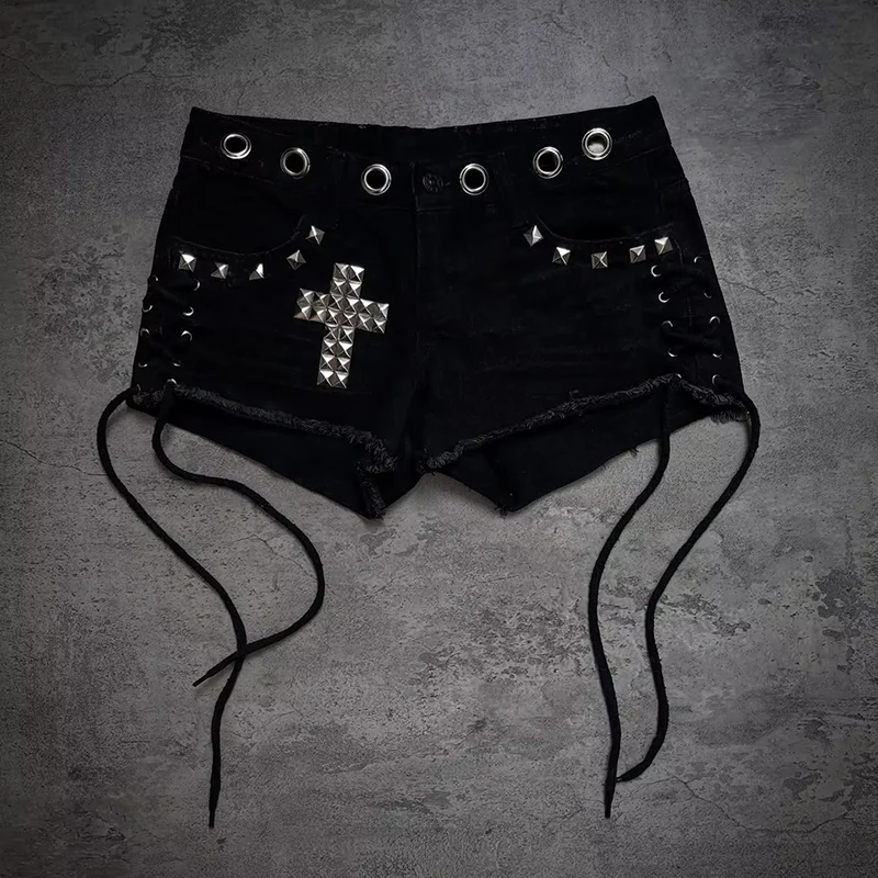 Spring Y2K High Street Gothic Cross Diamond Decorative Shorts Trendy Fashion Three Part Pants Ins Style Hot