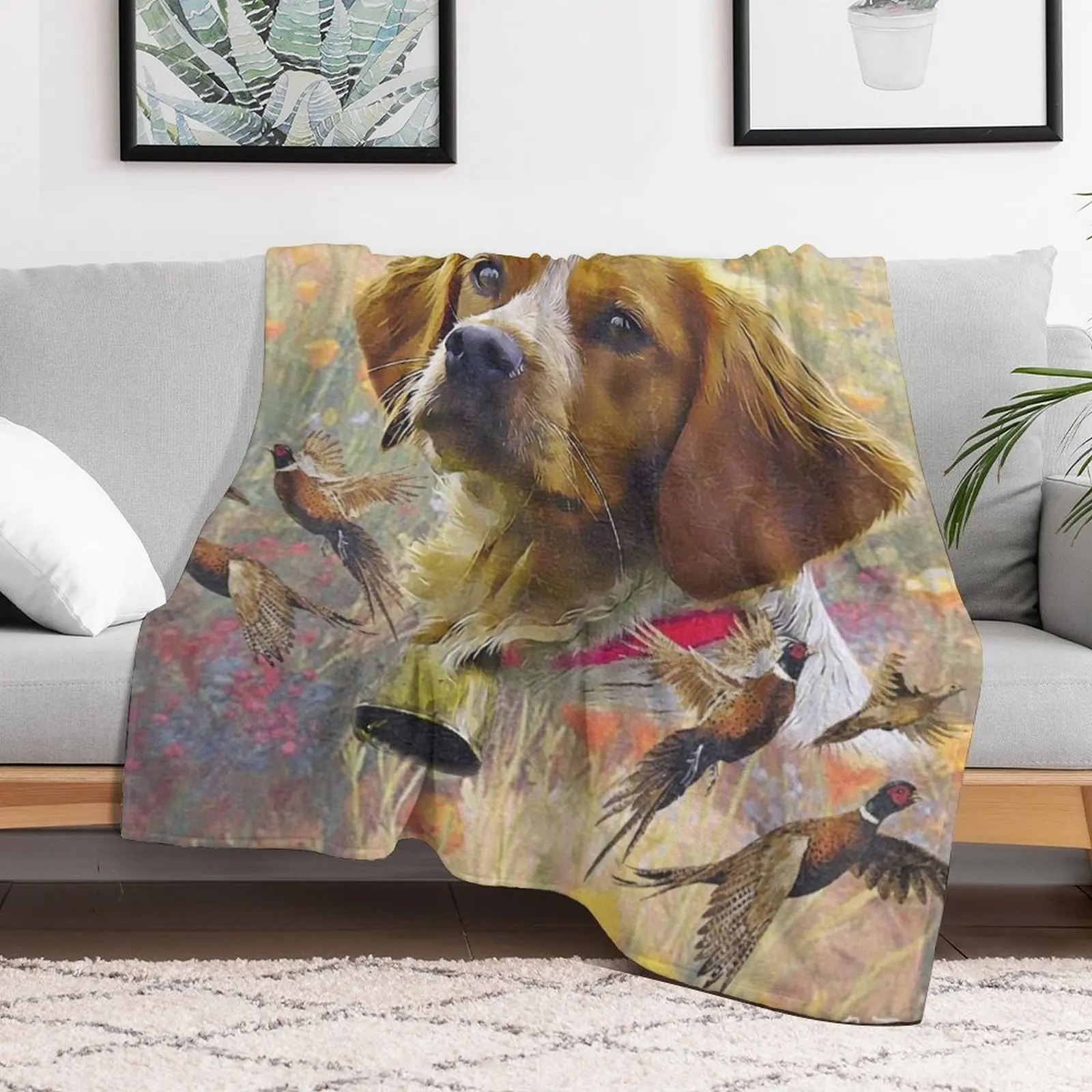 Brittany Spaniel Art , Pheasant hunting Throw Blanket Multi-Purpose Comforter Flannel Decorative Throw Blankets