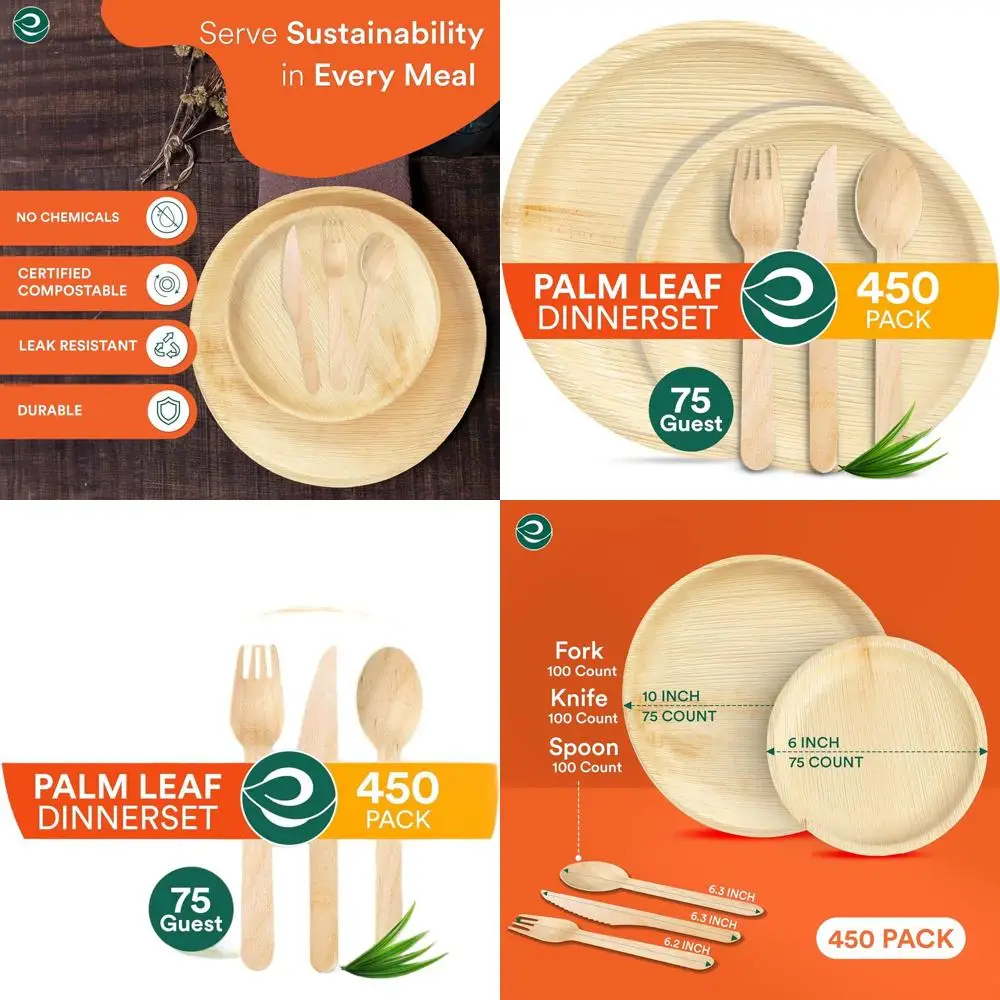 

Eco-Friendly Palm Leaf Dinnerware Set for 75: 10 & 6 Plates + Forks, Knives, Spoons (100 Each) | Ideal for Weddings, Parties & B