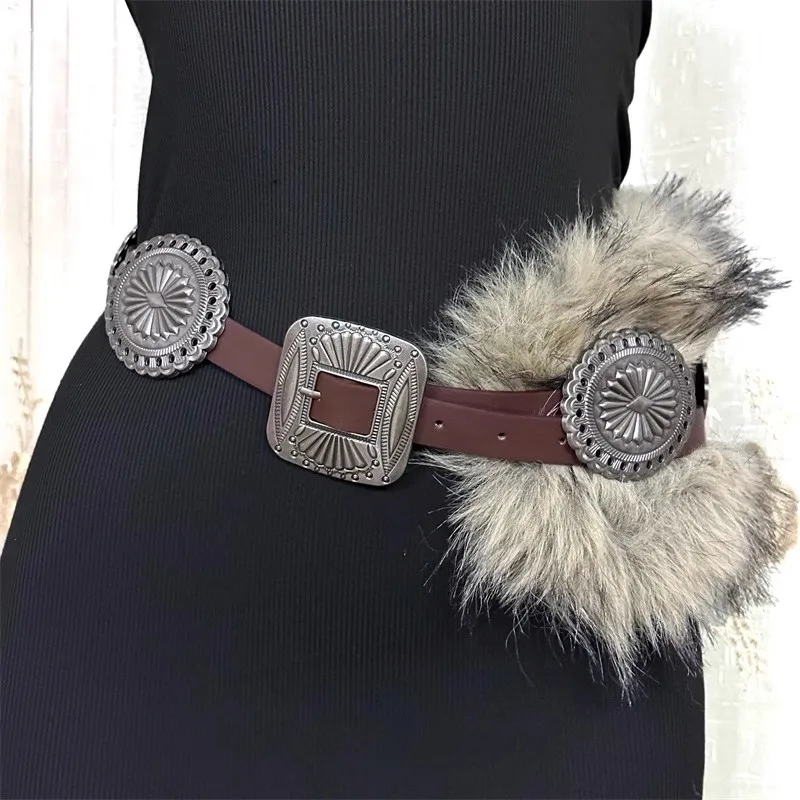 المرأة خمر فو الفراء المرقعة بولي Leather الجلود مشد الإناث Cummerbund معطف حزام فستان Decration حزام عريض J1331