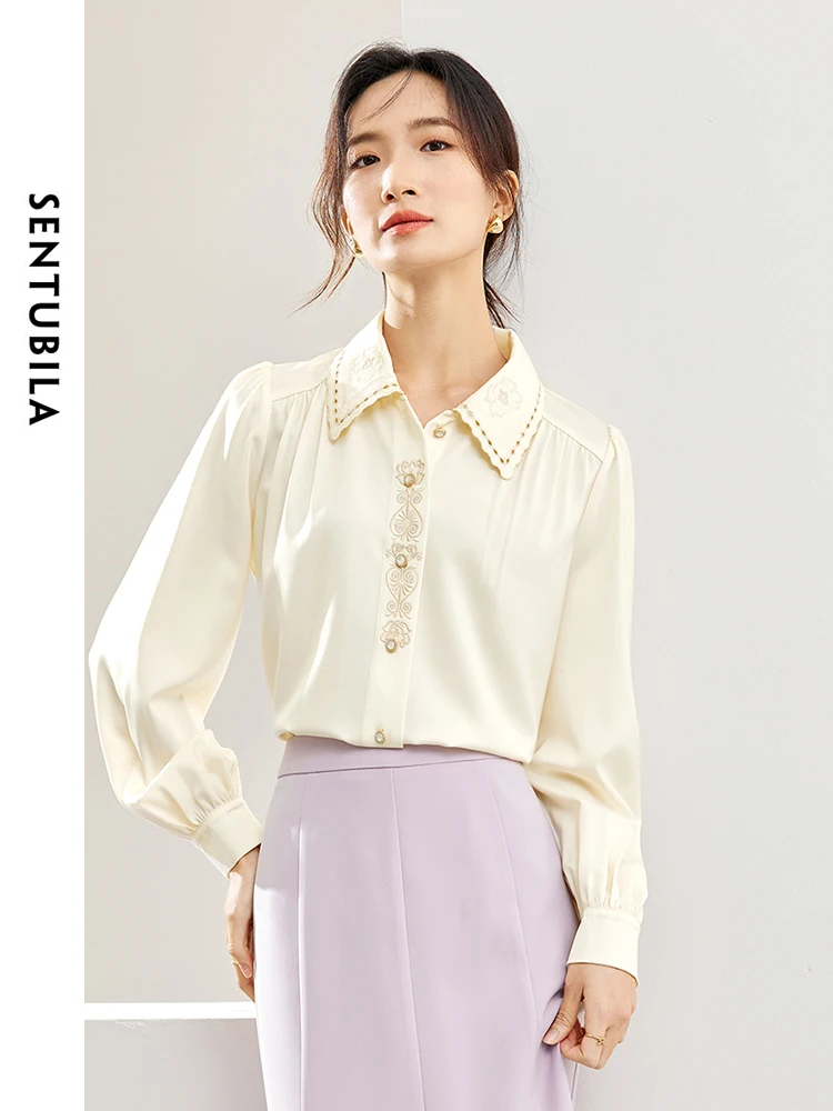 

SENTUBILA Embroidery Button up Shirts for Women 2024 Spring Autumn Casual Elegant Commute Long Sleeve Tops Lady Shirt 141C52906