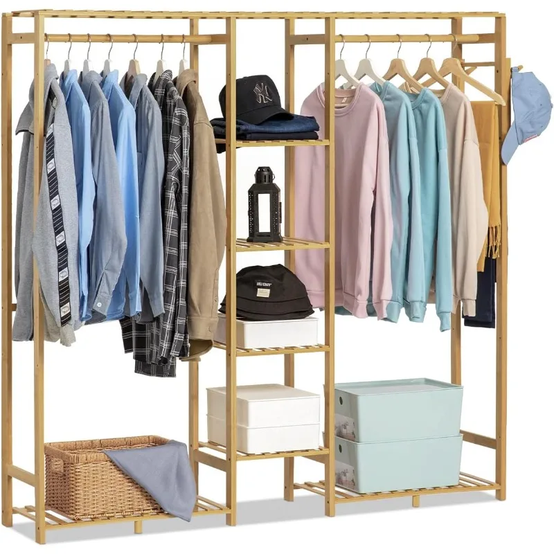 

Bamboo Clothes Rack with Double Rods and Storage Shelves Free Standing Open Wardrobe Rack for Hanging Clothes and Storage