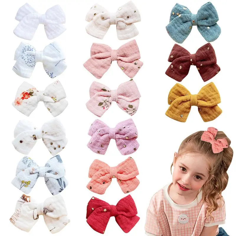 

30pc/lot New 2.8" 100% Organic Cotton Bow Baby Hair Clips Floral Prints Girls Muslin Cotton Hairpins Kids Gold Stamp Barrettes