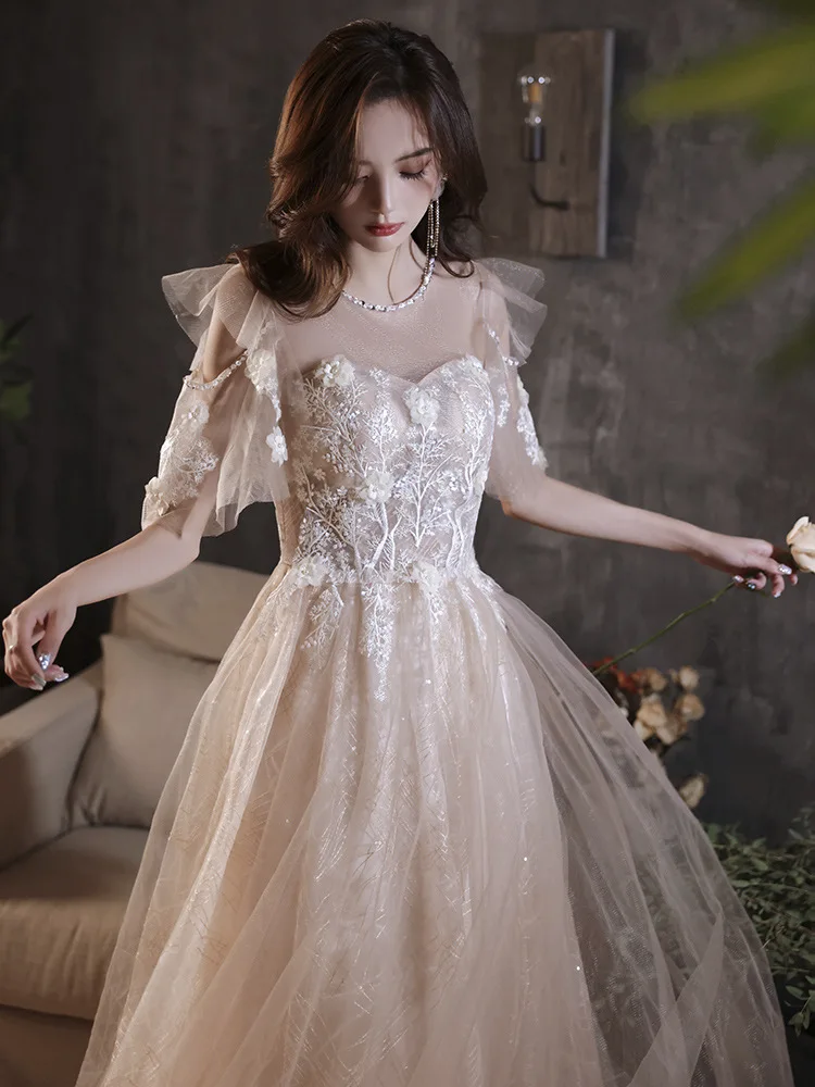 

Champagne Tulle Cocktail Dress Women O-neck Off the Shoulder Applique Evening Dresses Elegant Modern Beaded Prom Gown