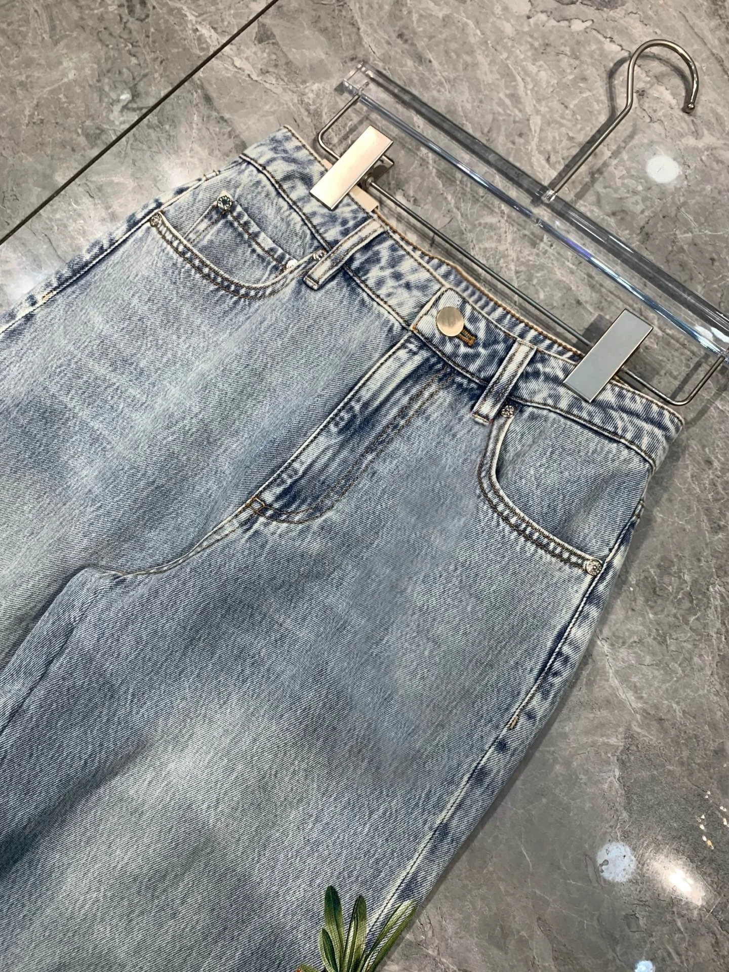 Women's Flower Print Denim Pants 100% Cotton High Waist Casual Straight Jeans