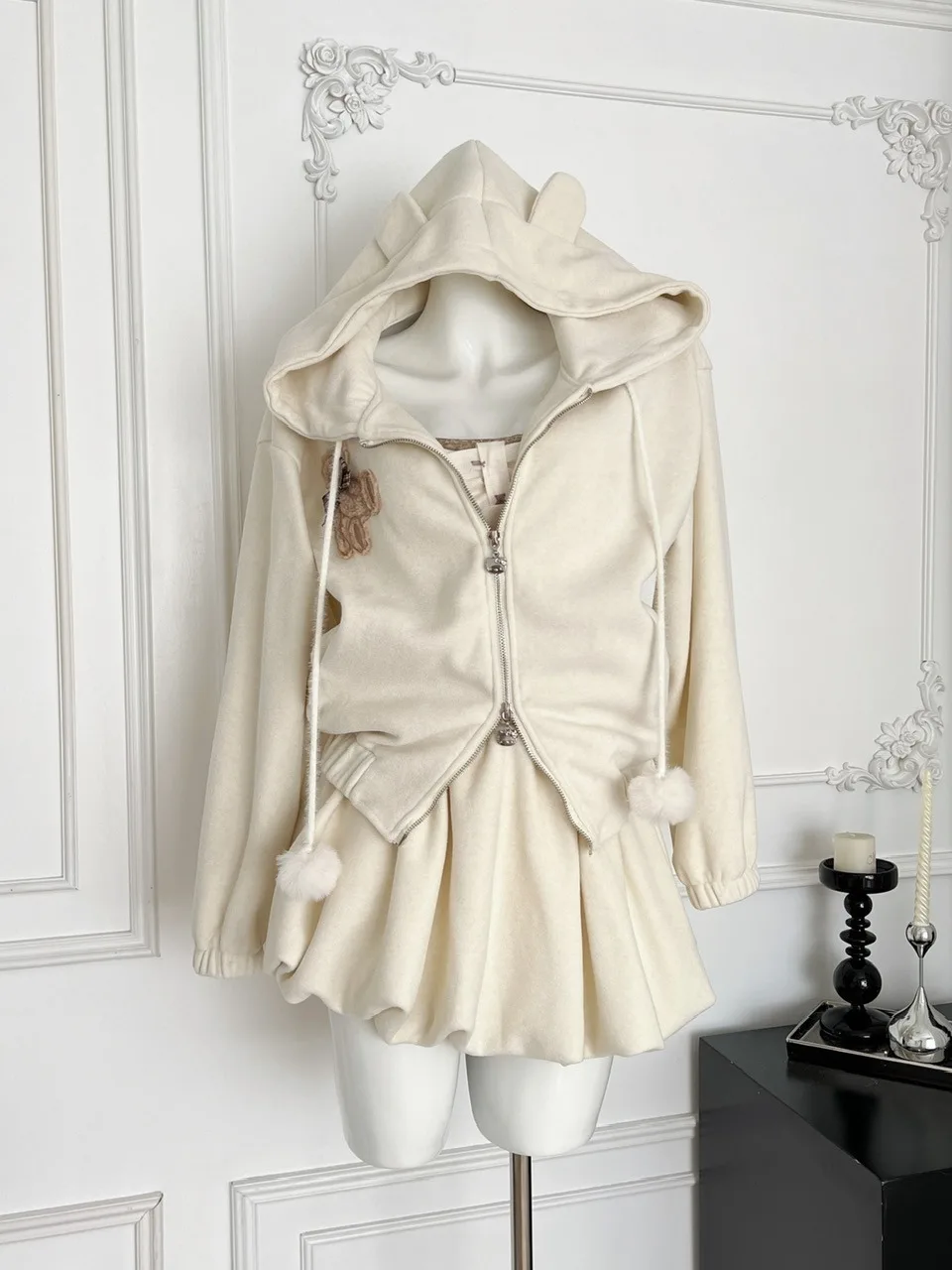 

Ранняя весна, модный мягкий милый медведь, милый свободный повседневный открытый кардиган с капюшоном, толстовка f, юбка, женский ансамбль