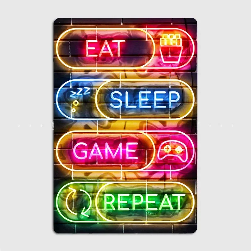 Poster Retro Metal Posters Sign Garage Club Indoor Wall Room Decoration Home Decor Eat Sleep Game Repeat Neon Classic