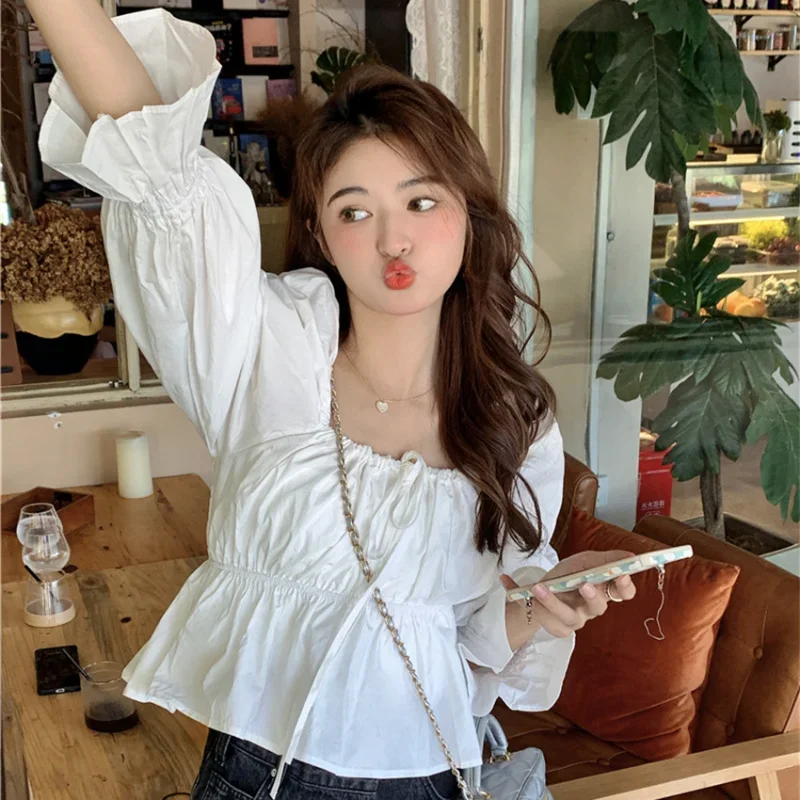 Crop Tops Blouses Women Sweet Bandage Casual Tender Pure Flare Sleeve Fashion Korean Style Chic Simple Creativity Spring Girlish