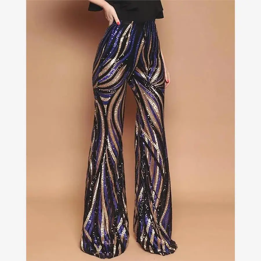 Fashionable High Waist Sequin Pants for Women Party Sexy Glitter Street Style Cotton Flared Trousers Mid-Aged Suitable