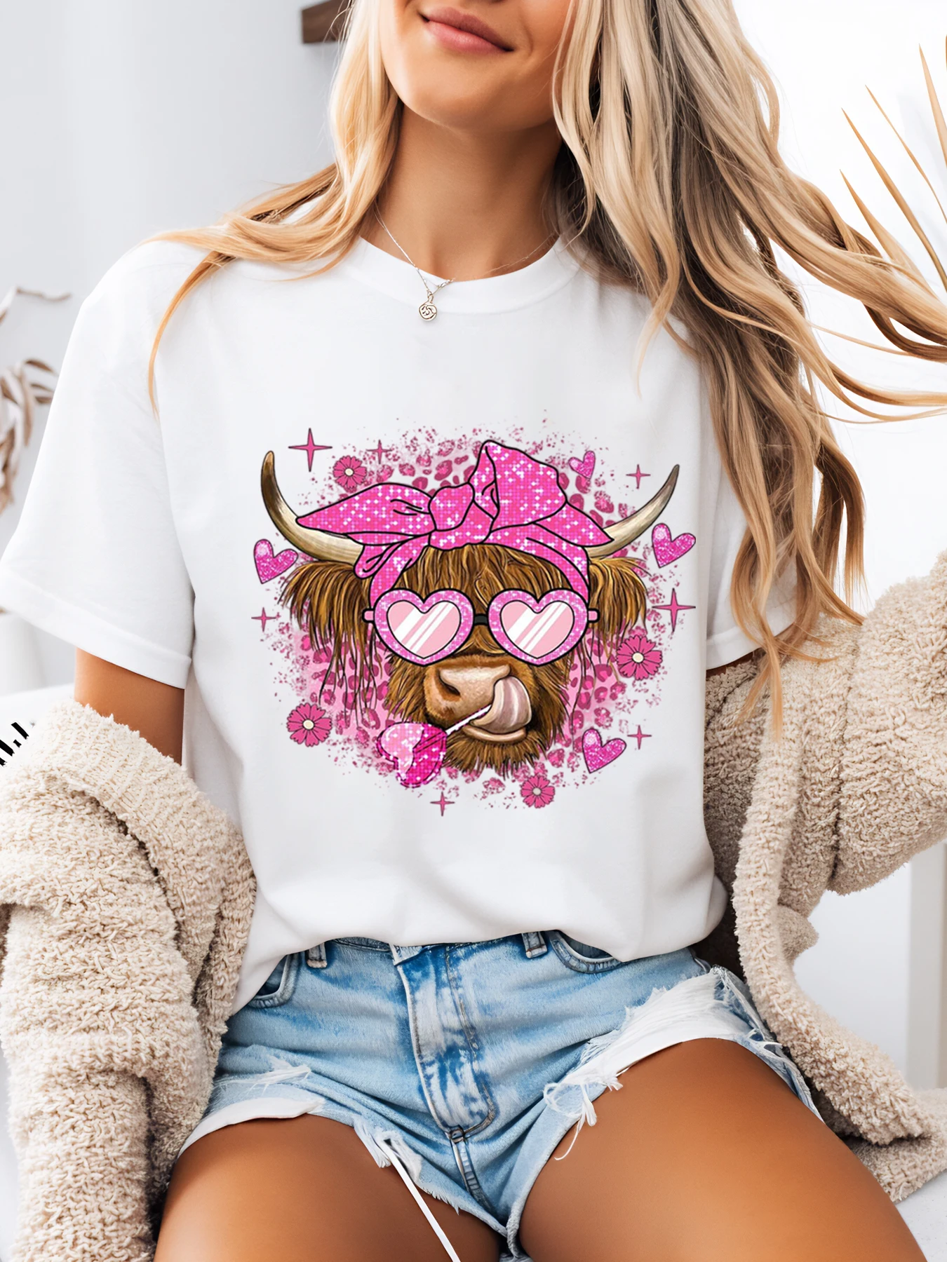 

Pink Cow with Heart Glasses and Bow Print t Shirt Valentine's Day Women Casual Wear White Plus-Size