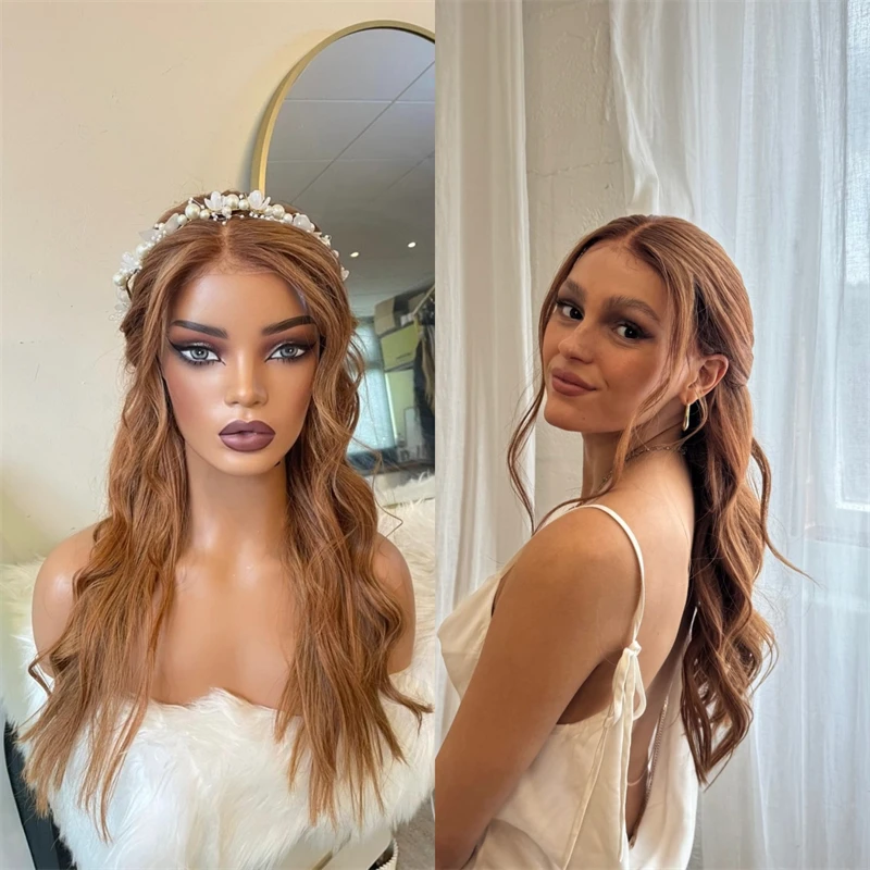 

Free Part Wigs Ombre Honey Blonde Highlight Brunette Human Hair Blend Lace Front Wig 24'' for Women Heat Resistant Synthetic Wig