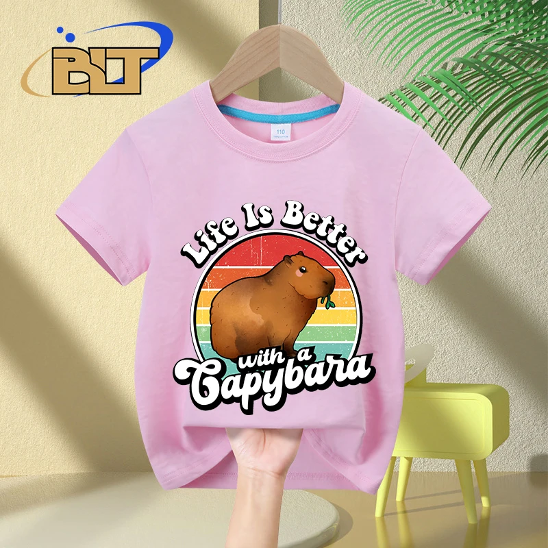 Life is better with a capybara cartoon print kids T-shirt summer children's cotton short-sleeved casual tops for boys and girls