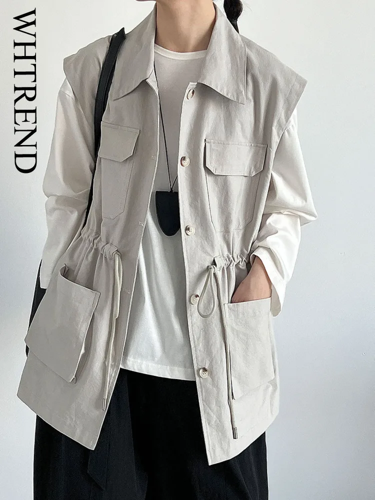 

WHTREND American Style Design Workwear Jacket For Women Drawstring Waist Pocket Sleeveless Vest Coats Autumn New WH1226