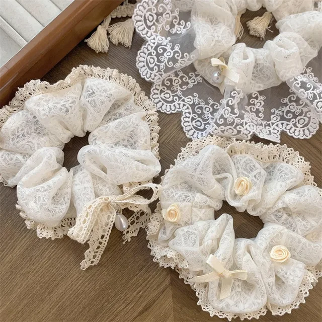 French Style Sweet White Lace Edge Oversized Hair Scrunchies Women Low Ponytail Holder Hair Bands Rubber Band Lolita Hair Ropes