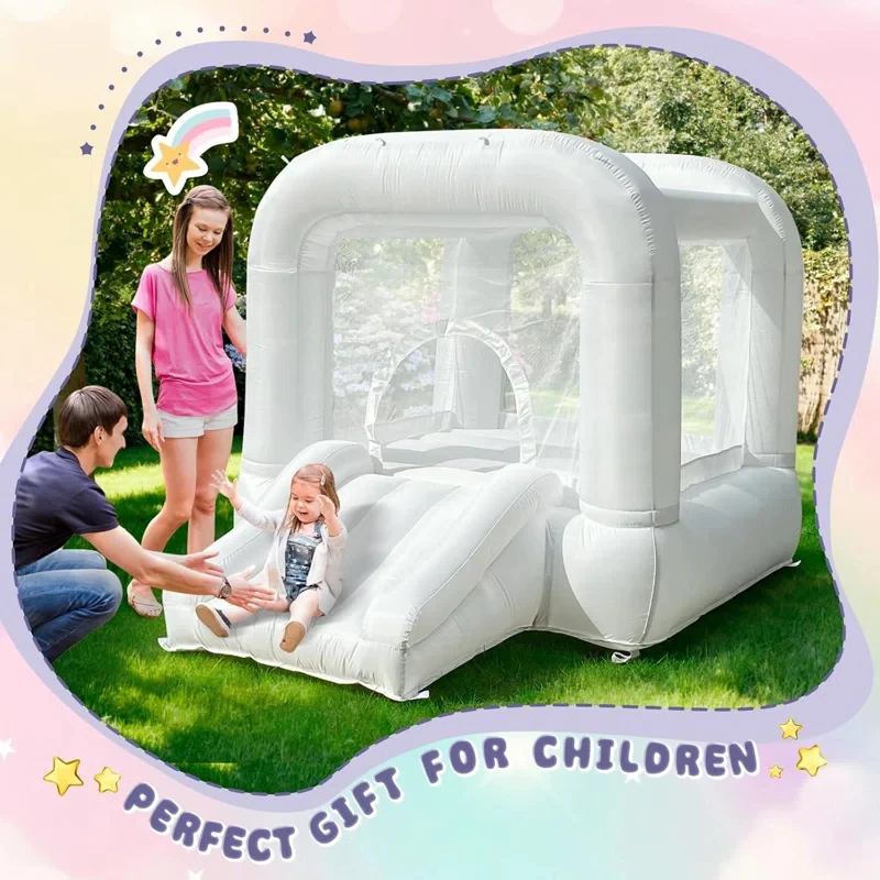 Nuevas llegadas casa de rebote blanca con soplador, castillo inflable con tobogán para fiestas interiores/exteriores de niños/niños pequeños