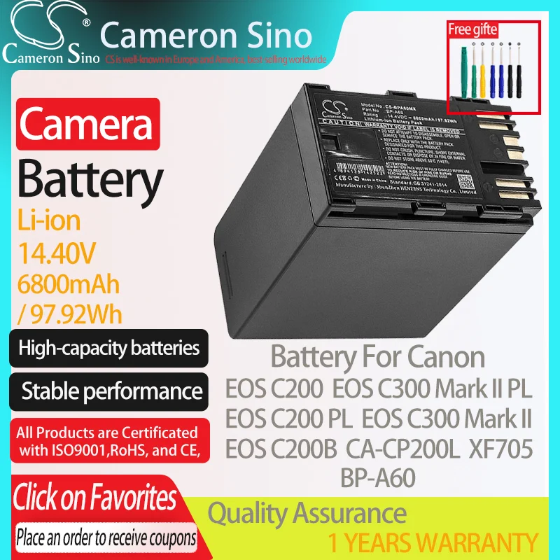 

CameronSino For Canon EOS C200 EOS C200 PL EOS C200B CA-CP200L XF705 EOS C300 Mark II Fits Canon BP-A60 camera Battery